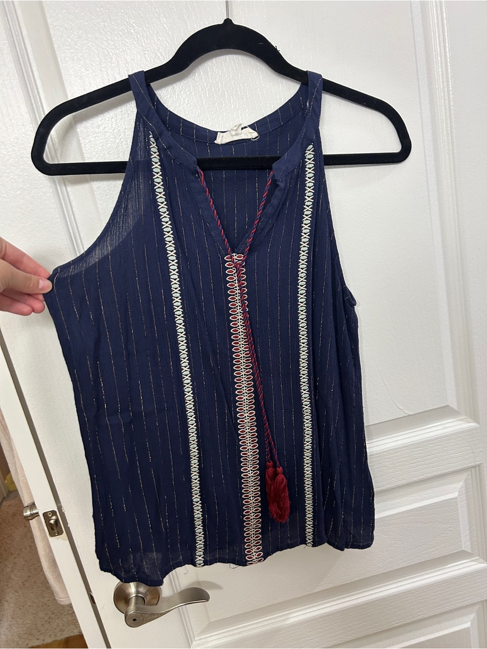 Navy Embroidered Tassel Tank Top